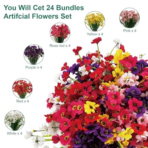 24 Pcs UV Resistant Faux Flowers – Realistic Plastic Silk for Garden, Patio, Ind