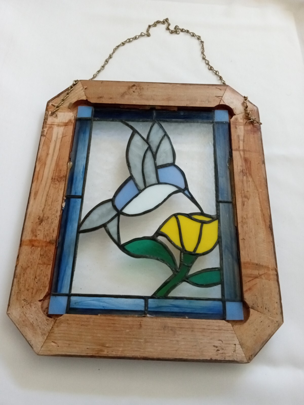 VINTAGE STAINED GLASS HANGING FRAMED ART FLOWER AND BIRD  16 X 12 1/4 IN