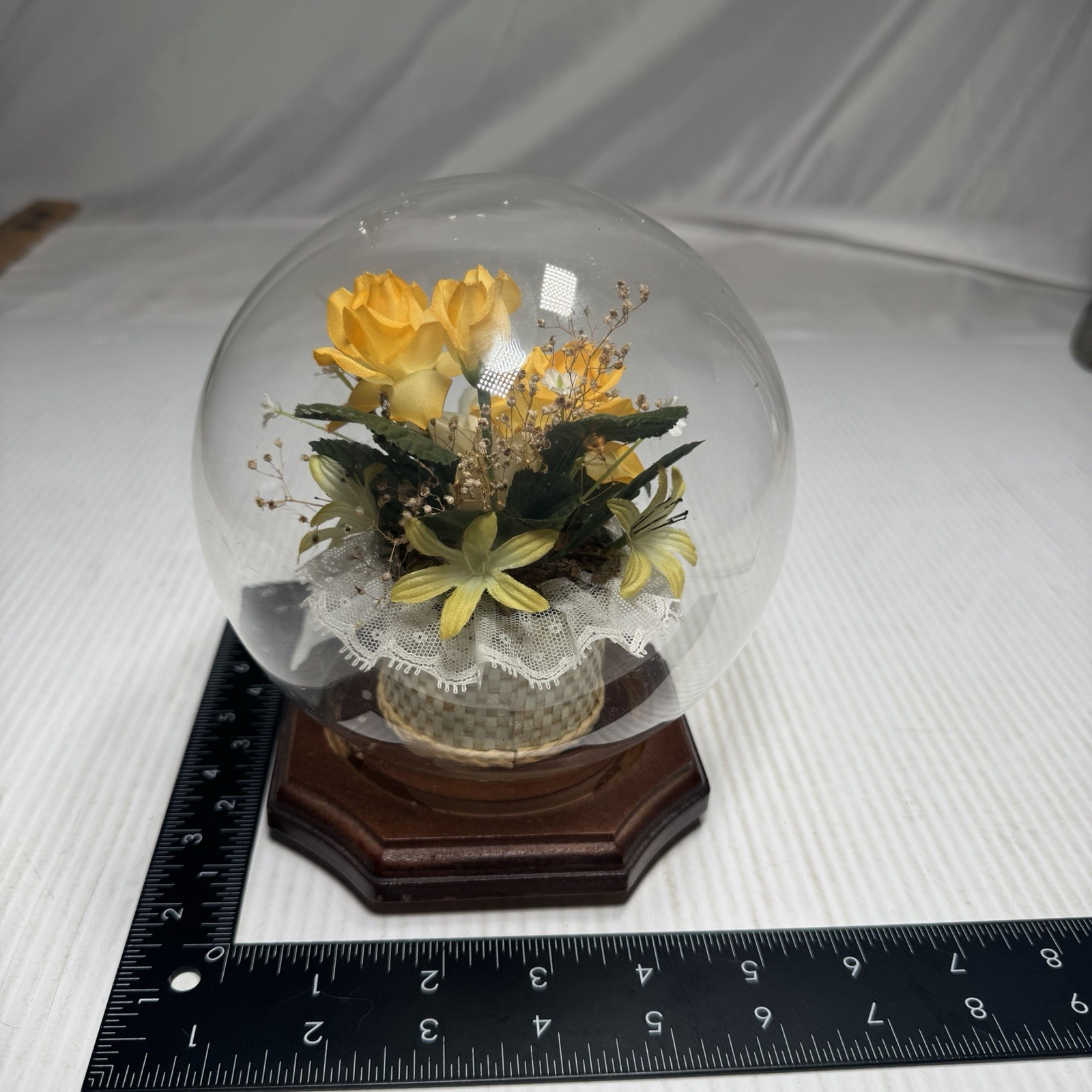 Vintage Glass Dome Terrarium w/ faux silk flowers & Greenery