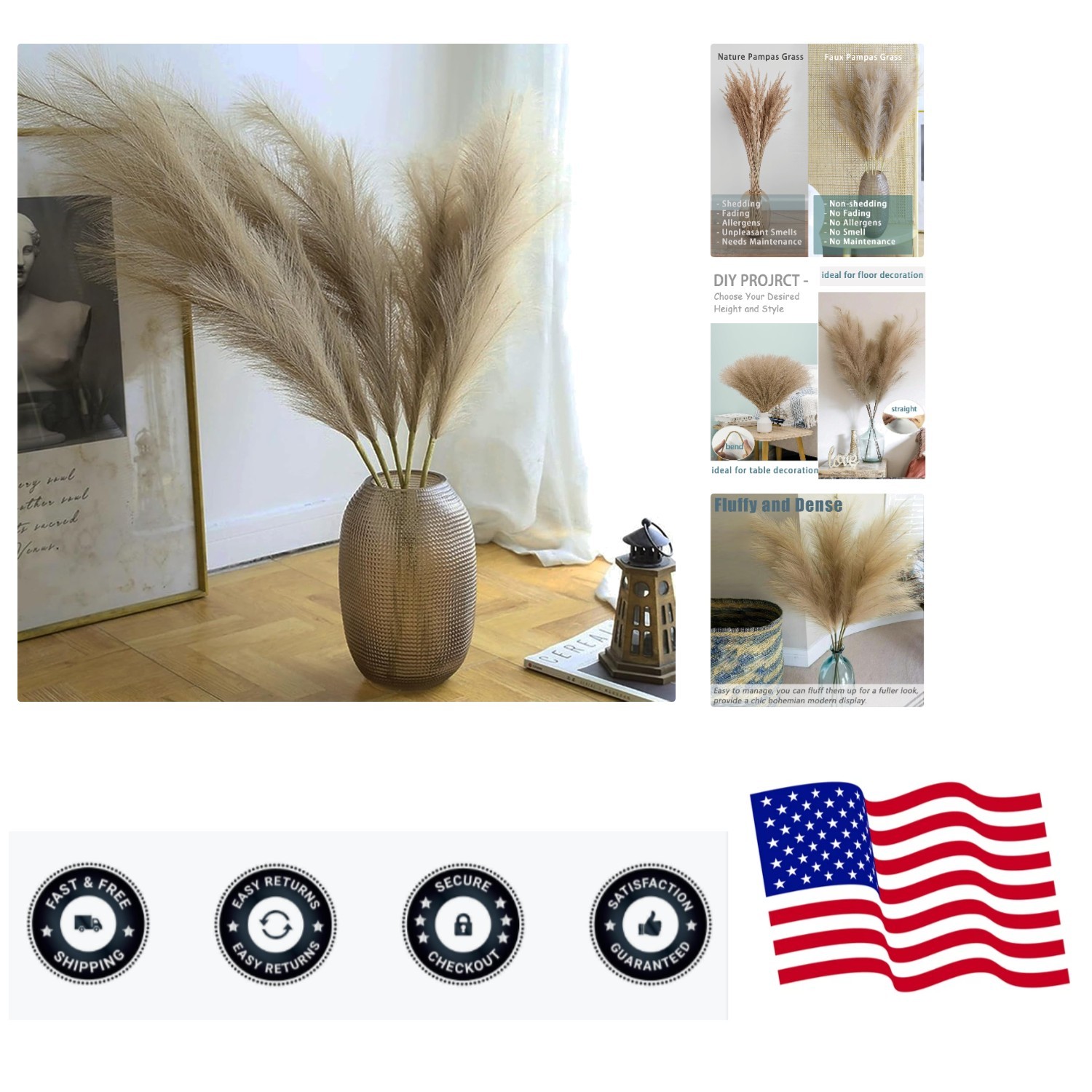 38″ 10 Stems Faux Pampas Grass Decor – Tall Pampas Grass for Floor Vase Fluff…