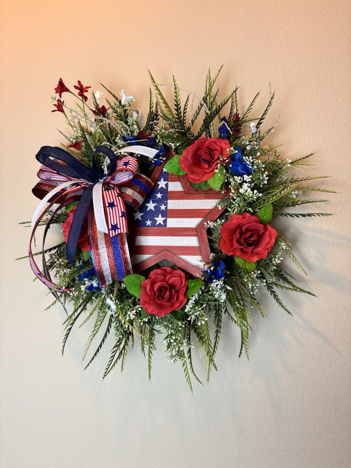 Patriotic Wreath USA Flag Red White Blue Front Door Decor Bow