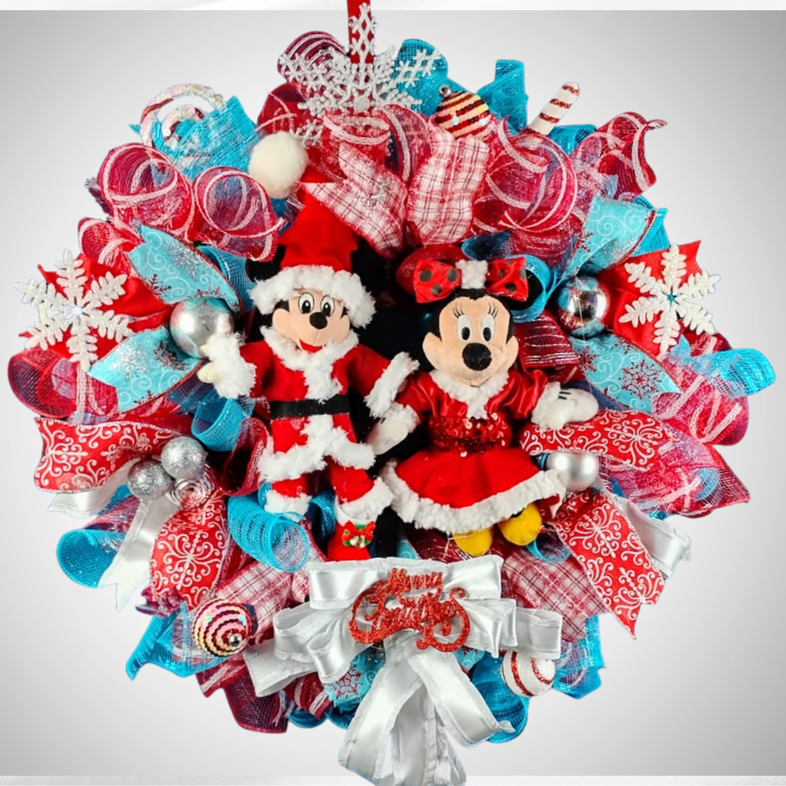 Mickey and Minnie Mouse Christmas Wreath Large 24″ Holiday Front Door Decor