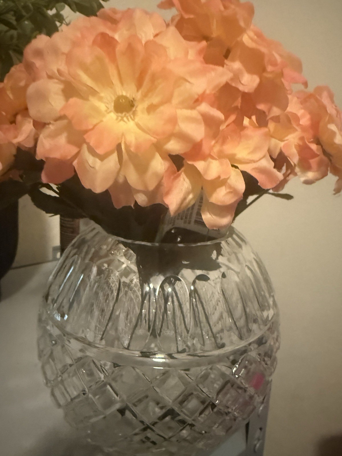 Artificial Floral Garden Zinnia Arrangement Peach Yellow Plastic in Glass Vase