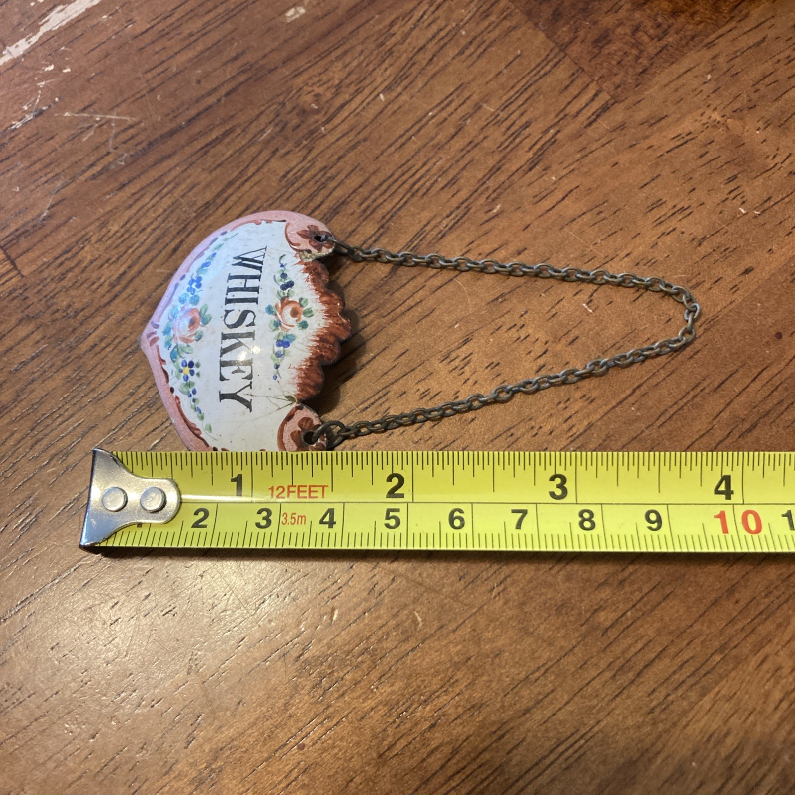 Antique Porcelain on Metal Liquor Bottle Tag w Brass Chain WHISKEY