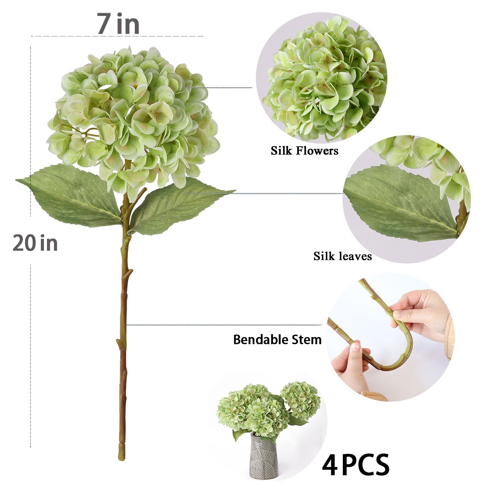 4Pcs Green Artificial Hydrangea Flowers Large Fake Silk Hydrangea Flower with…
