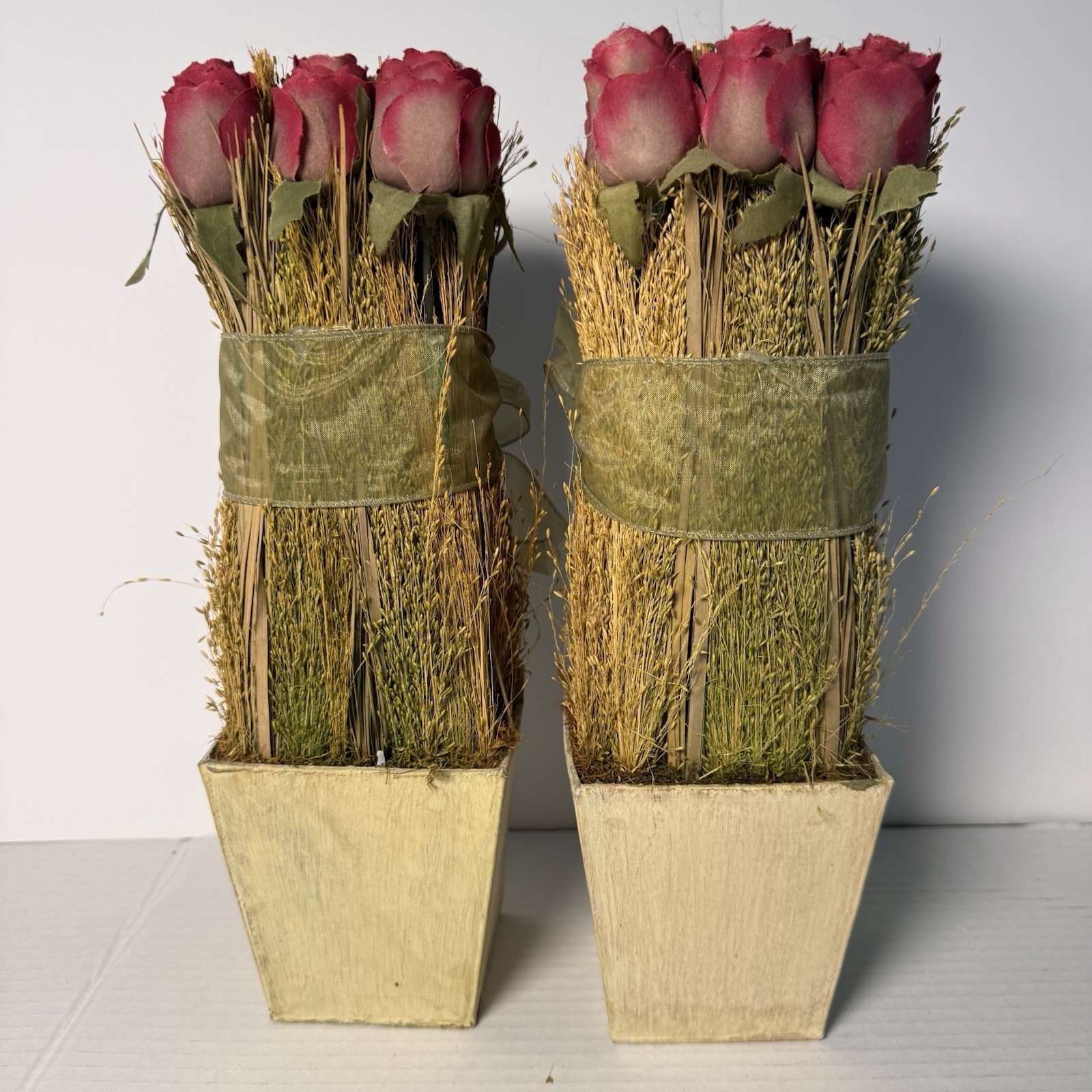 Decorative Pair Of Rose Bud Bundles With Greenery And Wood Box Containers