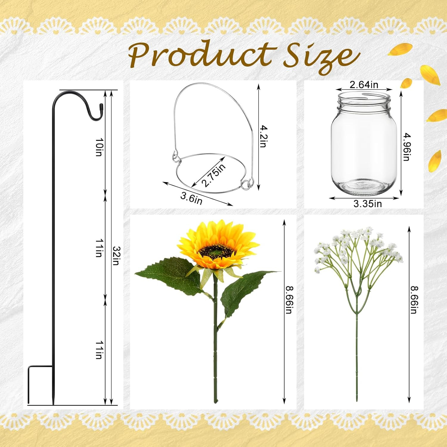 Sunflower Mason Jar Wedding Decor Kit with Shepherd Hooks – 108 Pcs Set