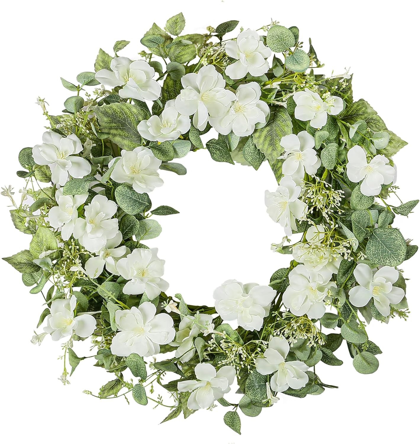 20-Inch Spring & Summer Artificial Floral Wreath with White Roses & Eucalyptus