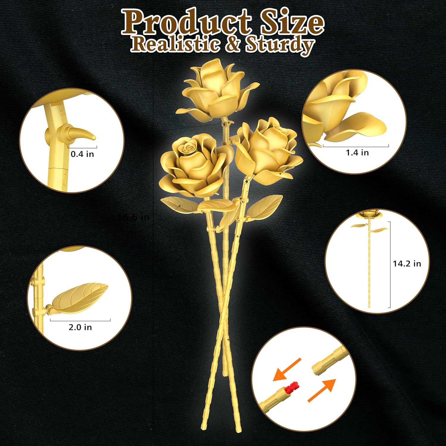 Gold Roses Flower Building Set – 3 Roses Bouquet Botanical Building Blocks for A