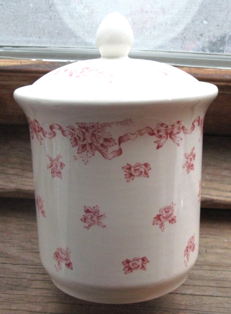 Laura Ashley Covered Jar Canister Cotton Ball Holder Pink Ribbons England SO20