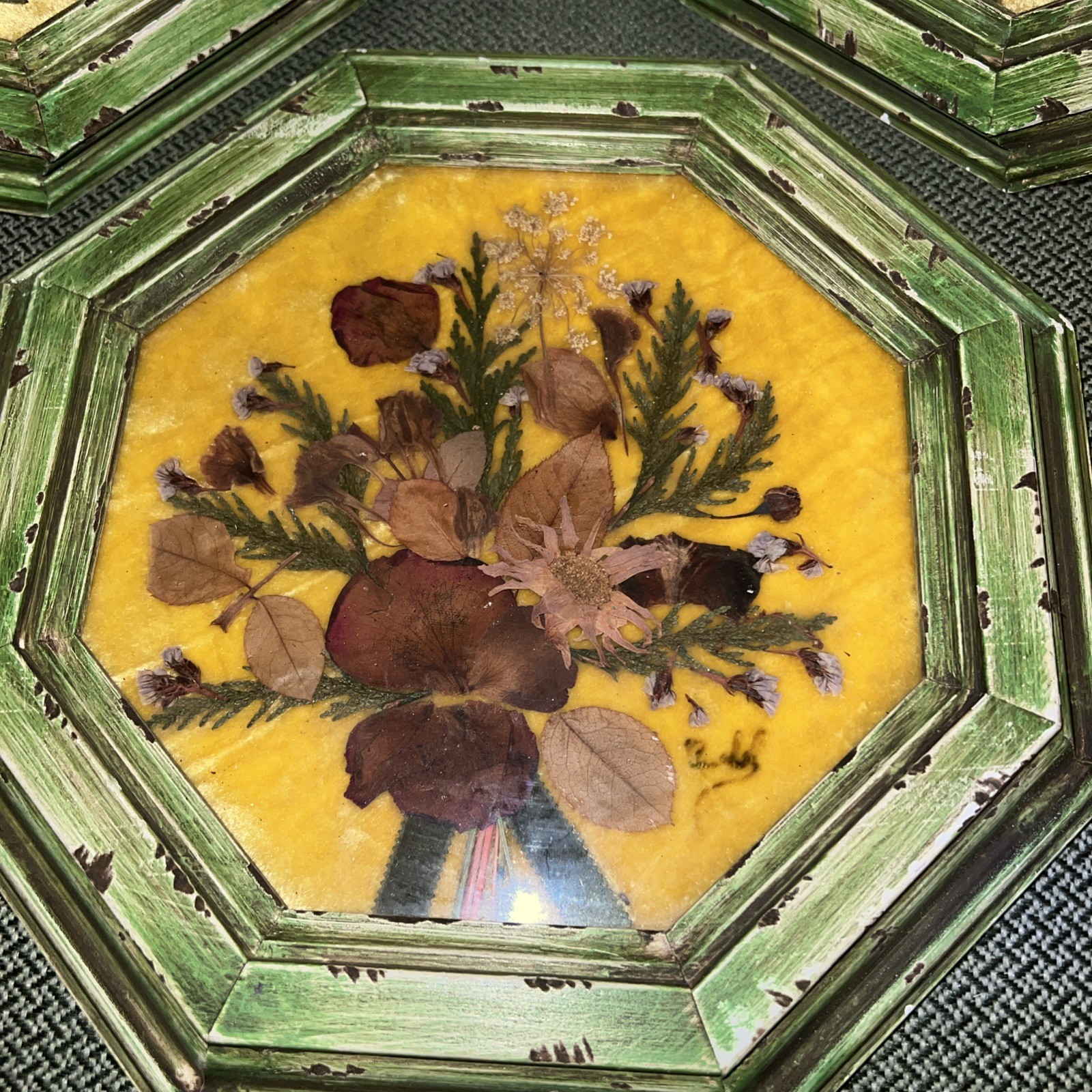Set of 3 Beautiful Octagon Shaped Vintage Dried Flowers On Velvet Backing