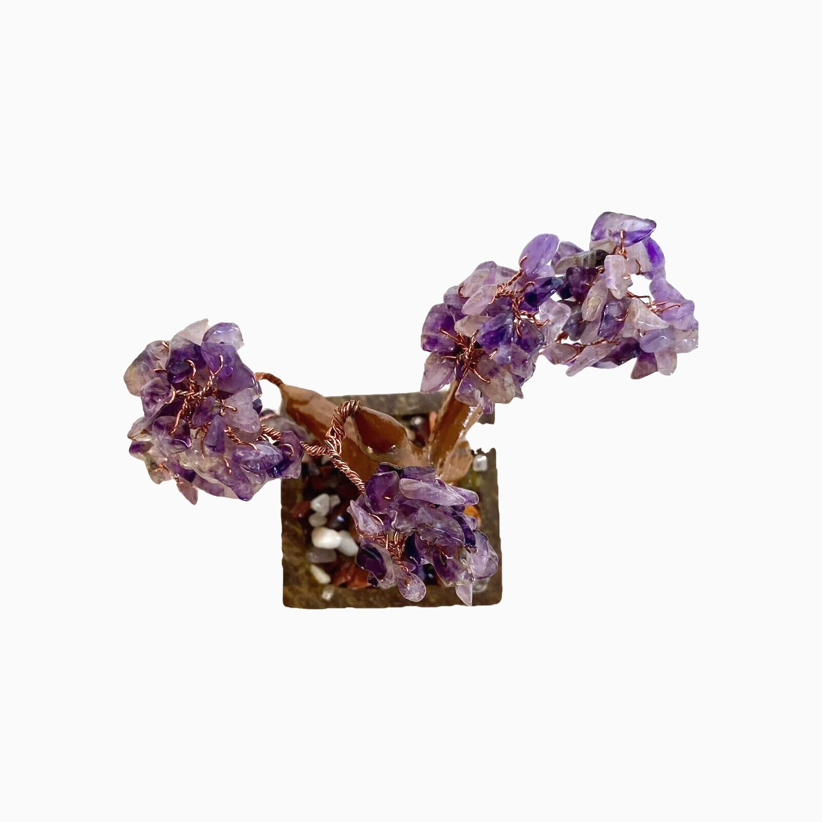 Vintage Polished Amethyst Chip Bonsai Tree Sculpture with Soapstone 4-3/4″ Tall