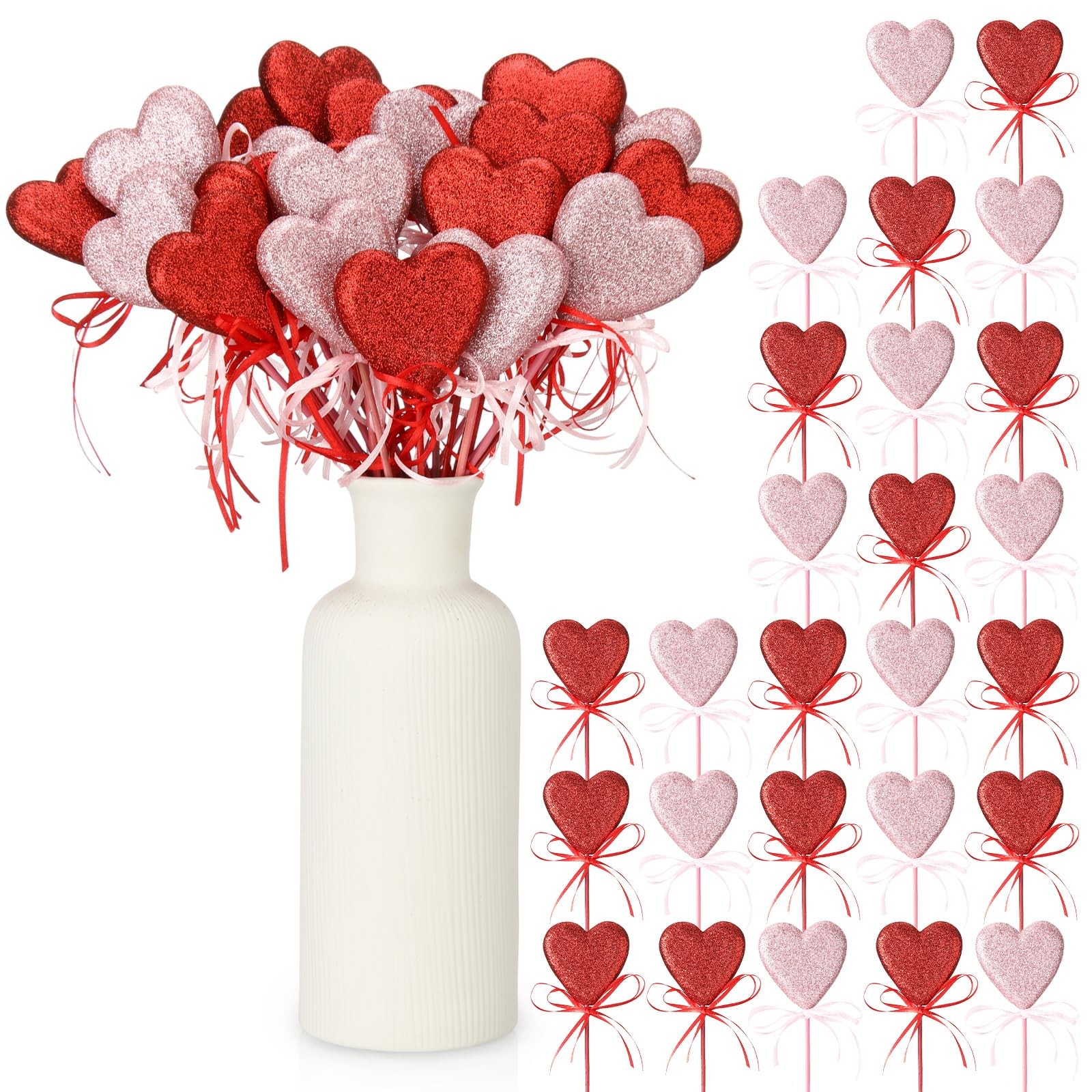 30 Pcs Valentine’s Day Glitter Foam Red & Pink Hearts Picks Puffy Heart Spark…
