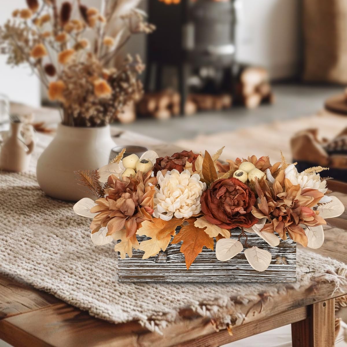 Fake Mums Artificial Flowers In Wood Planter Fall Maple Leaves Autumn Decor