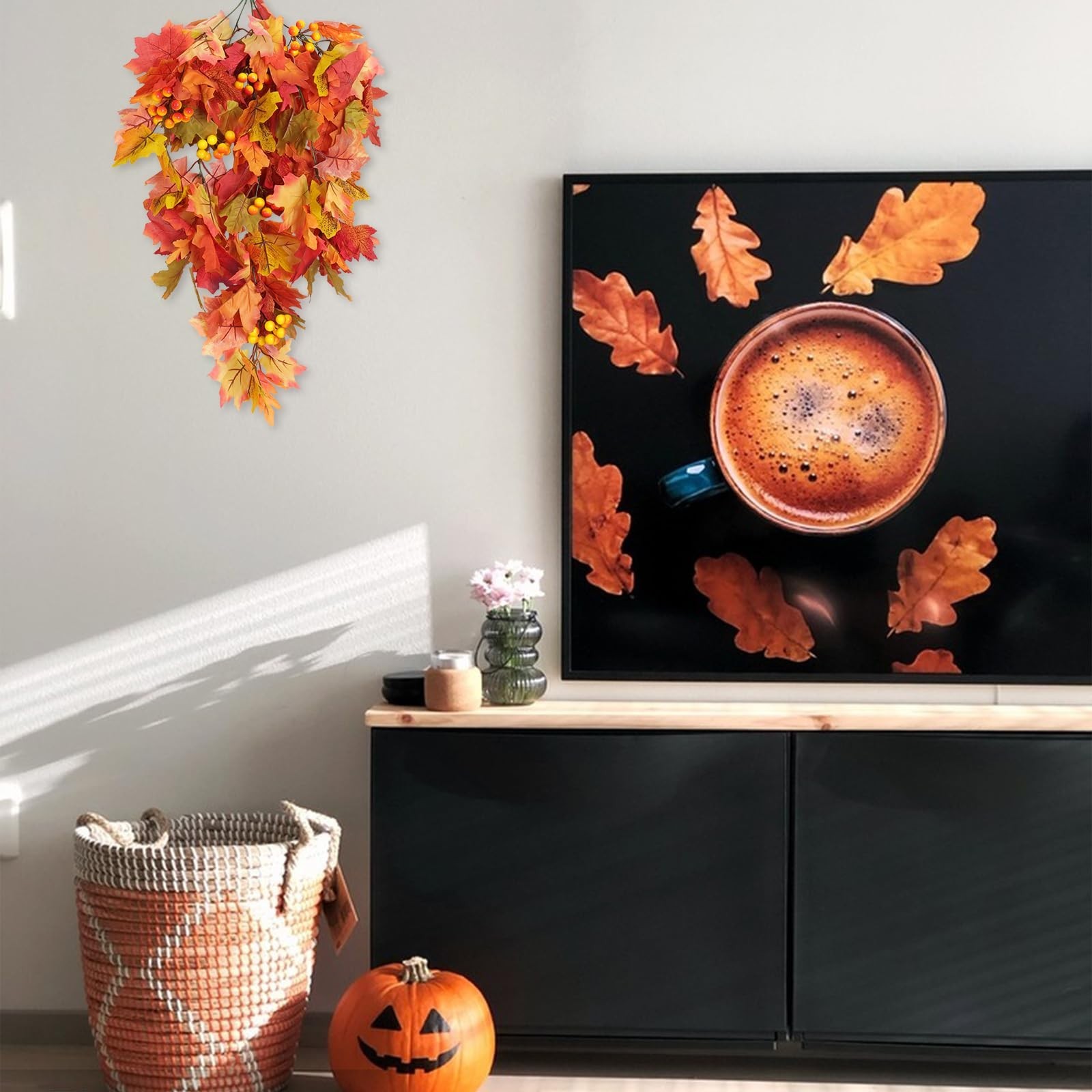 Artificial Fall Leaves Garland with Berries | 2Pcs Orange Maple Vine Decor for T