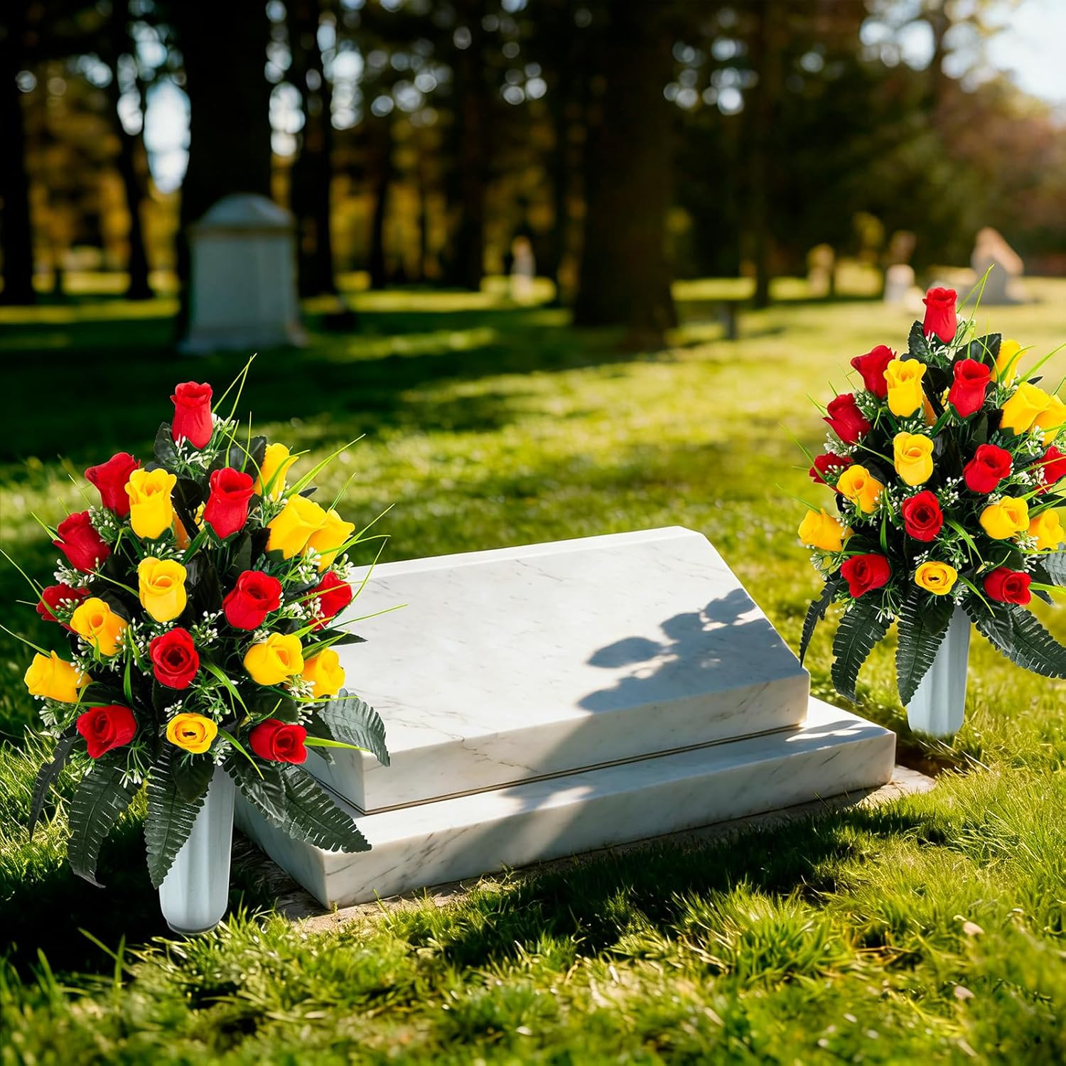 Artificial Cemetery Flowers – Set of 2 Grave Memorial Rose Flowers with Vase for