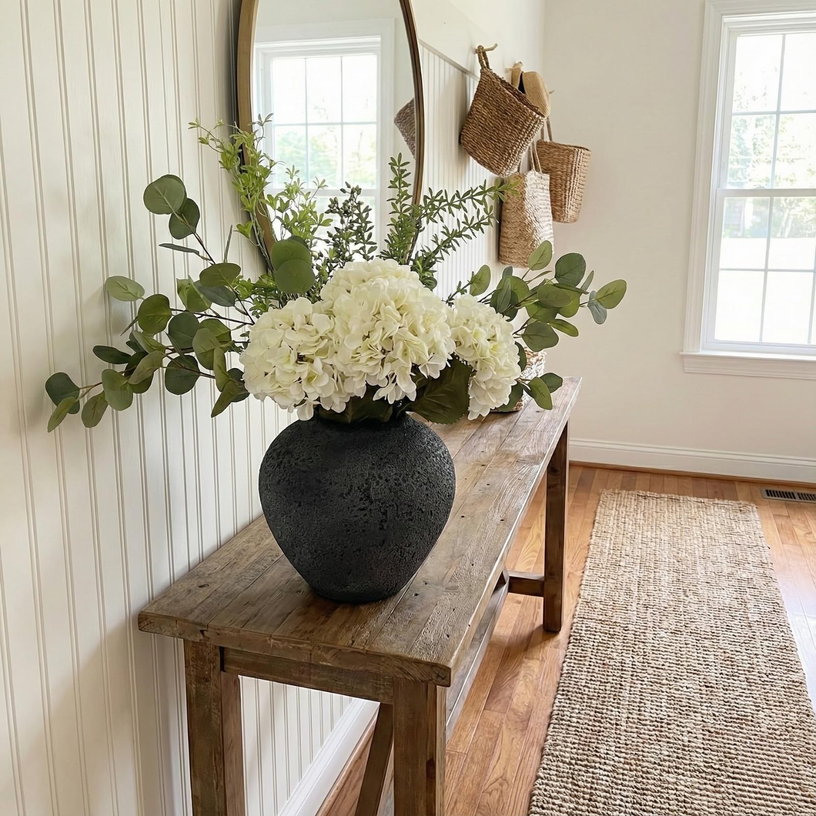 Faux Arrangement – Eucalyptus & White Hydrangea Flowers, Large Artificial Flo…
