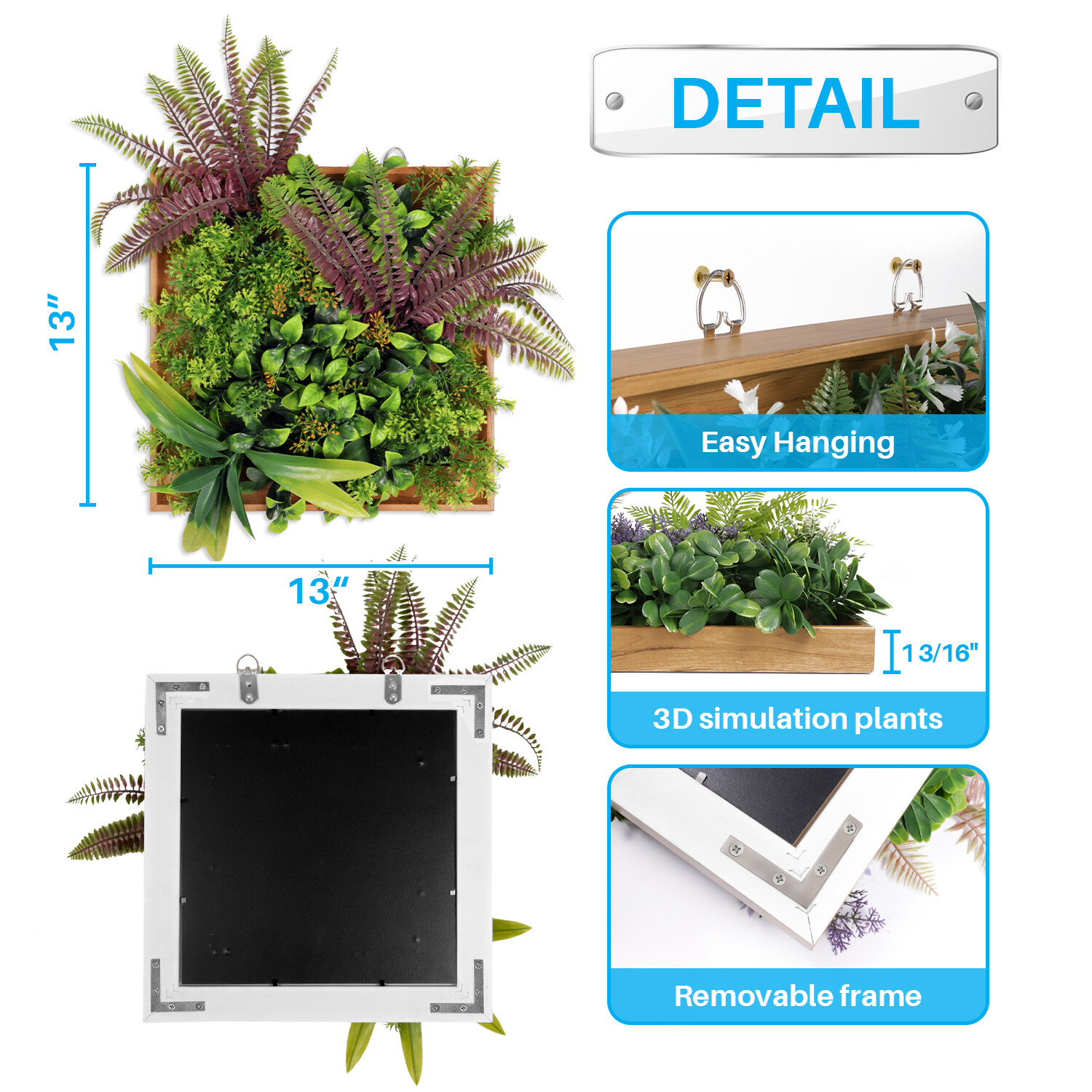 Artificial Plants Green Wall Decor with Square Wooden Frame 13in, Light Green