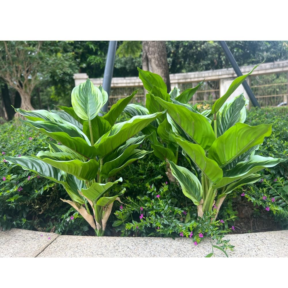 4 Bushes Perennial Hosta Artificial Variegated Green Leave Plant 15.7″ Faux D…