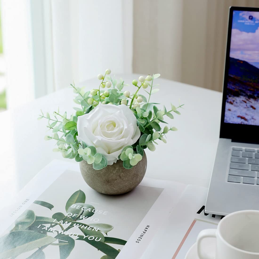 Small Artificial White Rose Potted Plant 6 Inch Fake Silk Flower 3.5 Inch Pot