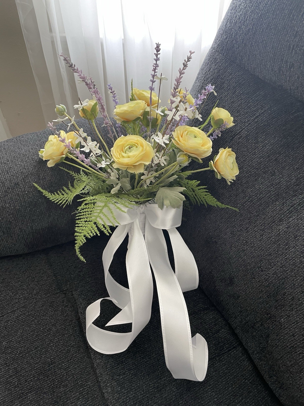 Artificial Rose & Lavender Flower Arrangement – Yellow, White, Purple, Green