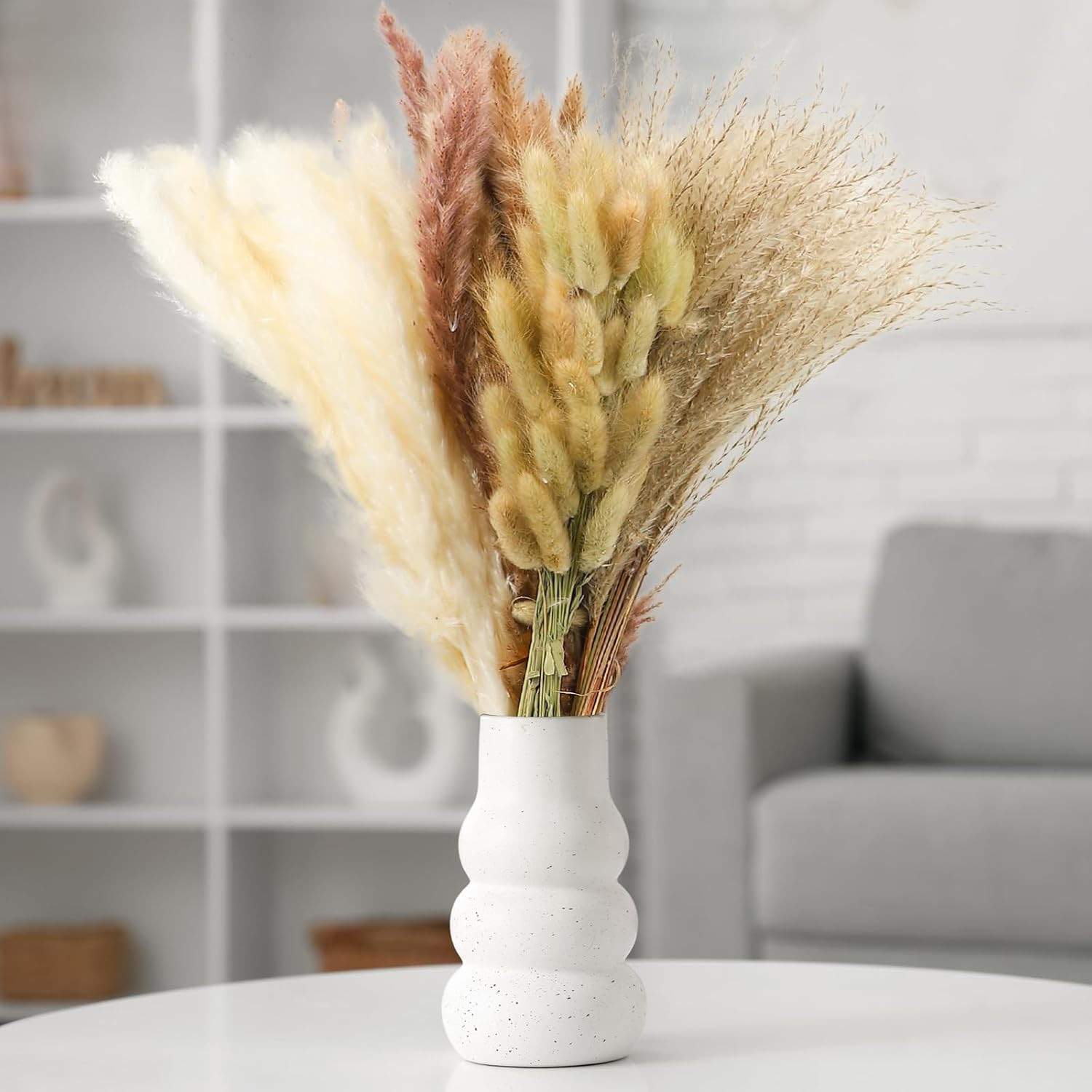 17″ 100Pcs Dried Pampas Grass Decor, Naturally Small Boho Pampas Grass with Bunn