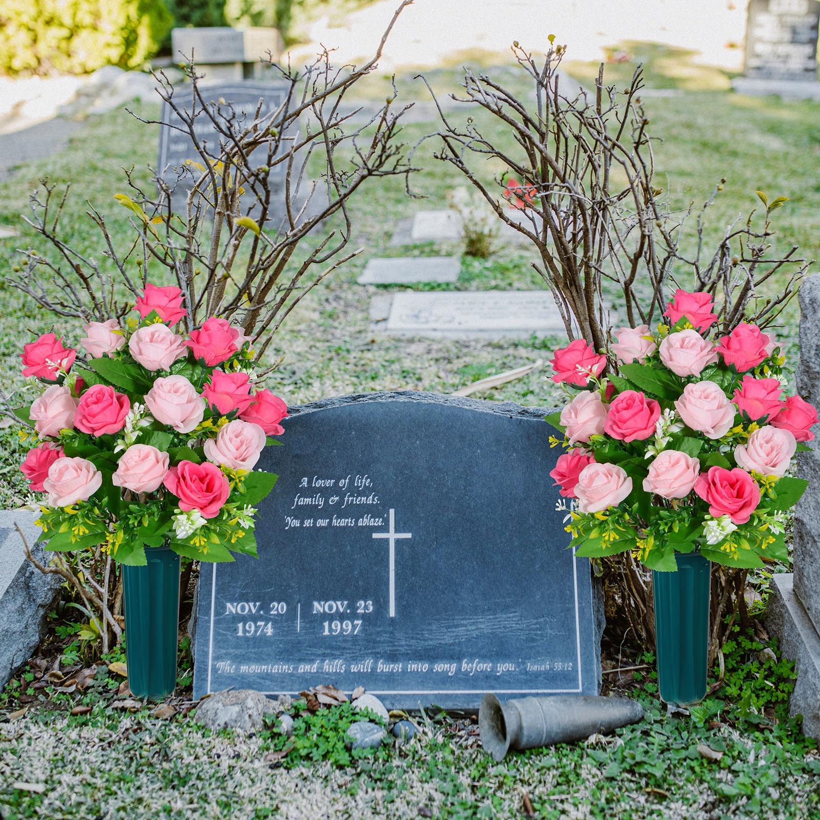 Artificial Cemetery Flowers with Vase, Headstone Flowers Rose Bouquet, Graveyard