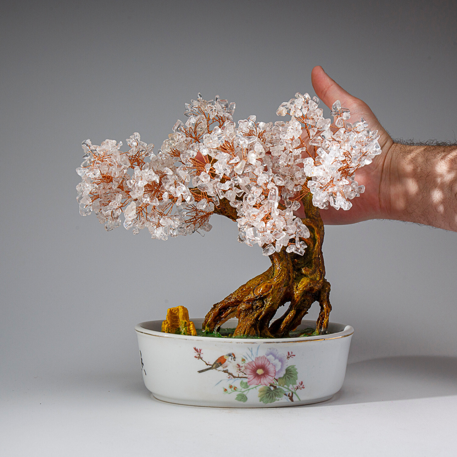 Genuine Quartz Gemstone Bonsai Tree in Oval Ceramic Pot (10” Tall)