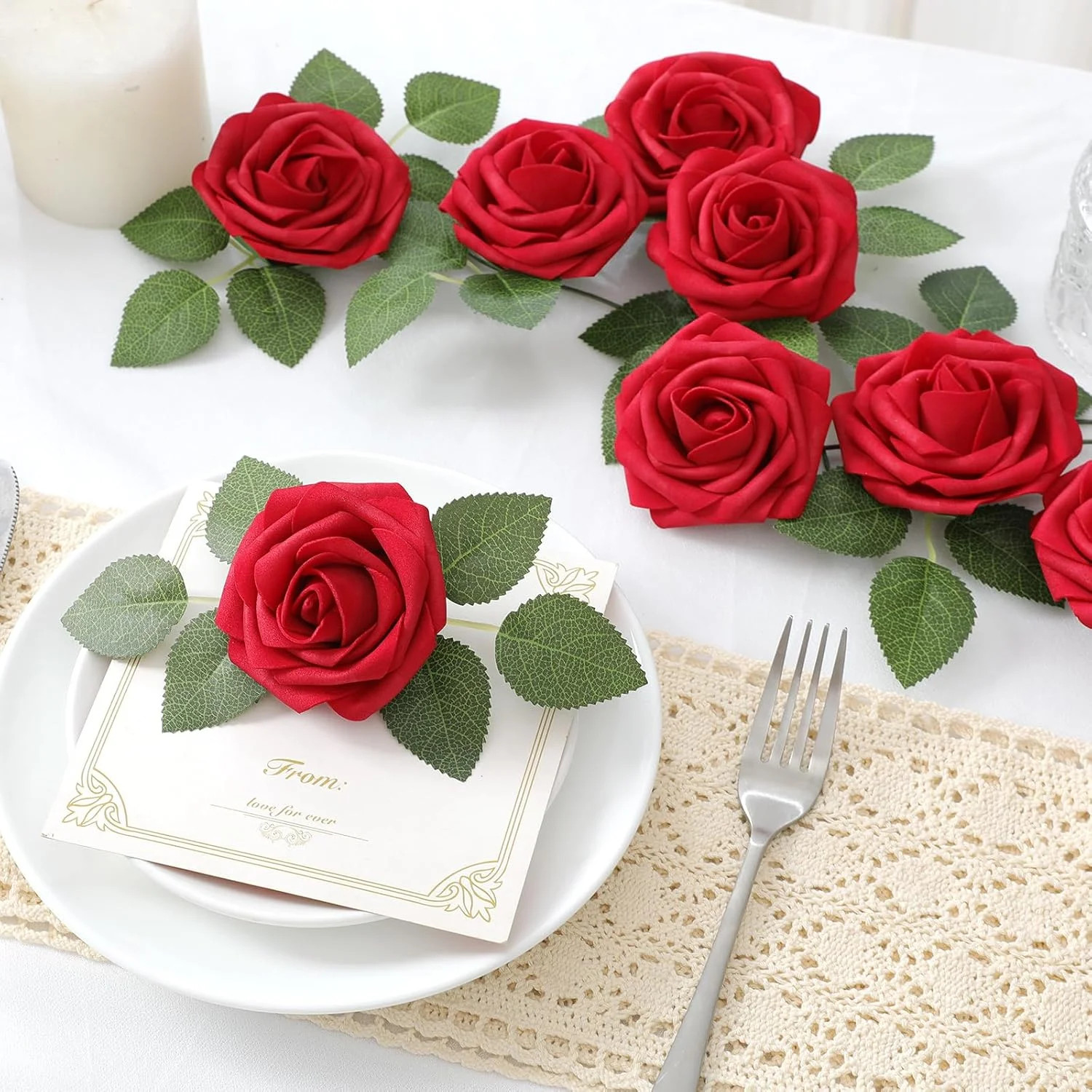 DerBlue 60pcs Artificial Roses Flowers with stem and 10pcs Green Leaves Real Loo