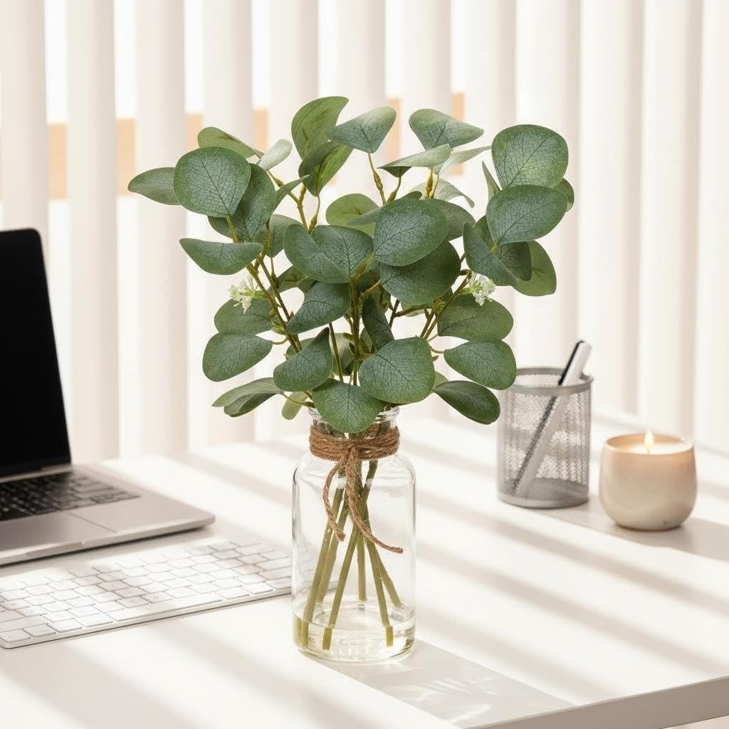 Artificial Eucalyptus Stems in Glass Vase with Faux Water, 14″ Fake Plant Euc…