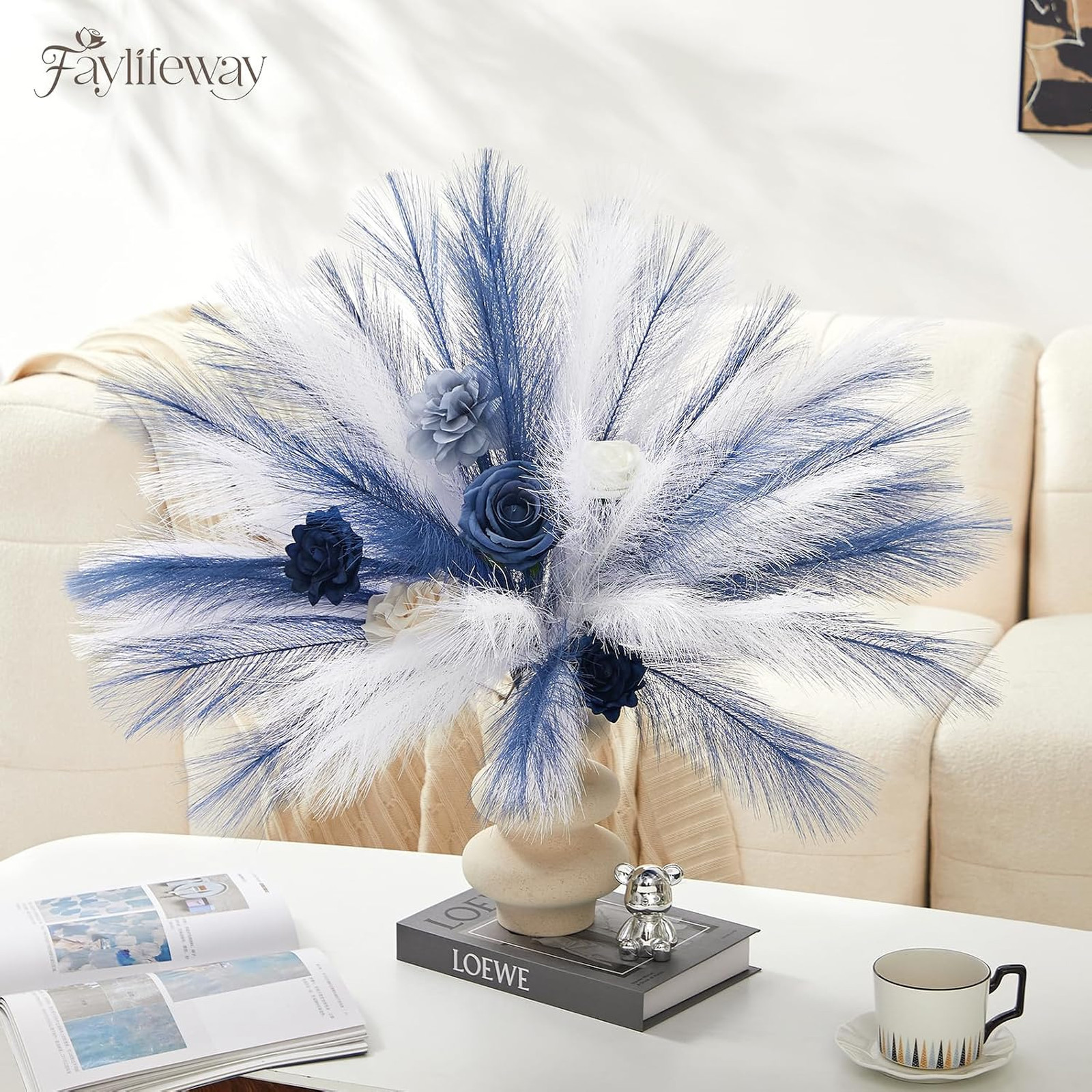 Artificial Pampas Grass Decor 50pcs 17 Inch Fluffy Blue White Vase Filler Home