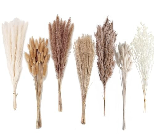 Dried Pampas Grass Decor, 128PCS Pampas Grass with Bunny Tails Dried Flowers,