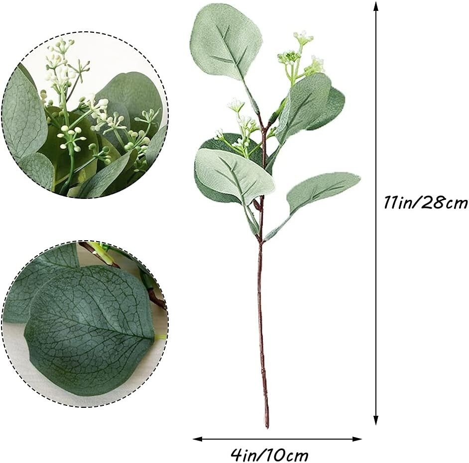 20 Pack Artificial Eucalyptus Leaves Stems w/White Seeds 11″ Tall Greenery Plant
