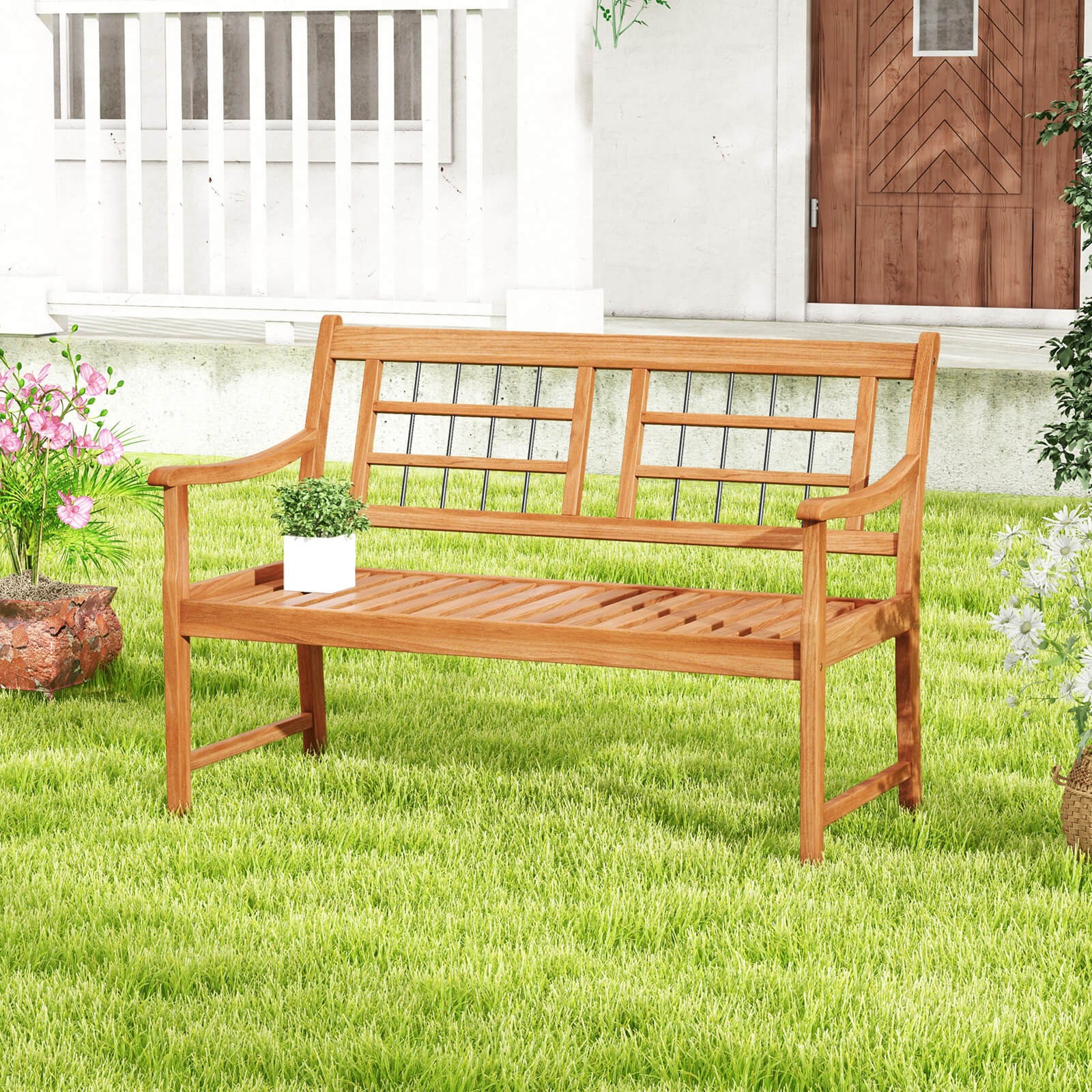 2-Person Patio Bench Outdoor Acacia Wood Bench w/ Slatted Seat & Backrest