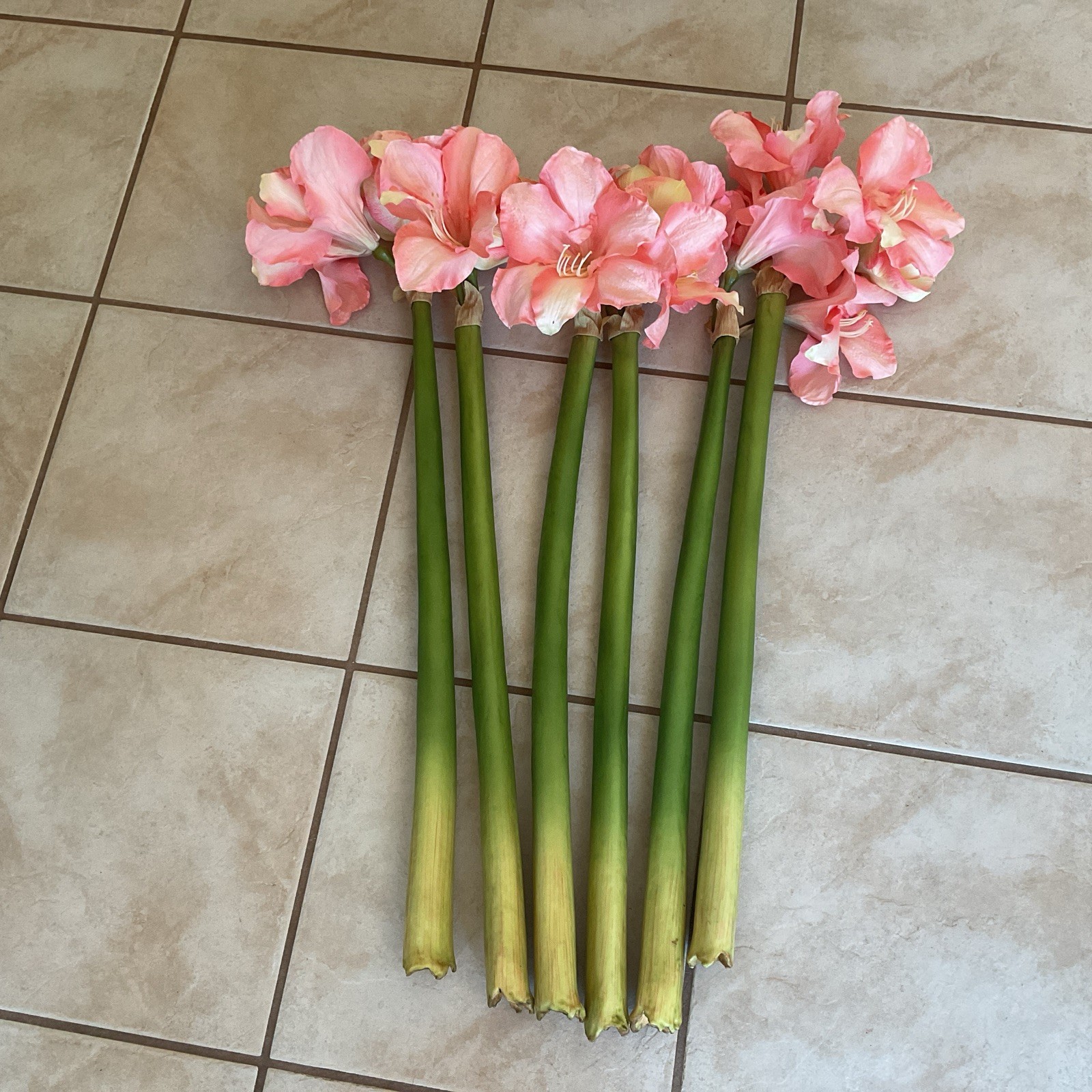 Faux Amaryllis Bundle 6 Stems 3 Blooms On Each Stem Pink Peach