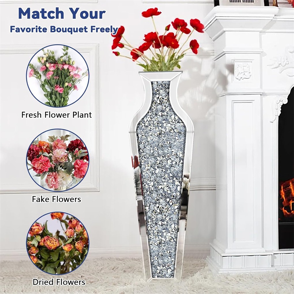 6 Style Sparkle Tall Crushed Diamond Floor Vase Luxury Mirrored Dried Flower Vas