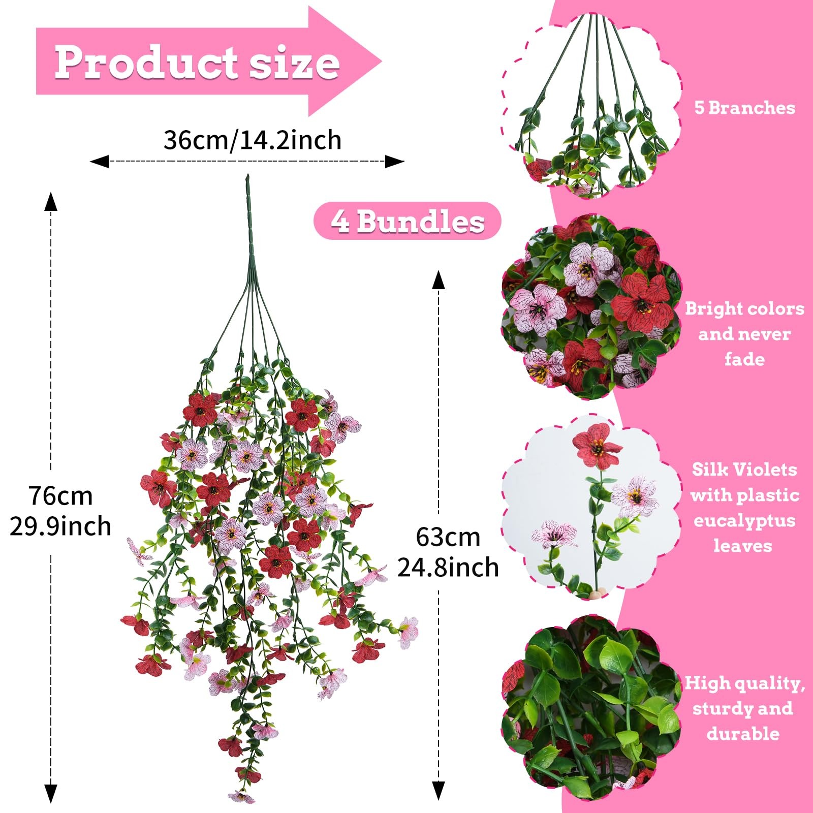 4 Pcs Artificial Hanging Flowers for Outdoors in Pot, 30in UV Resistant Faux