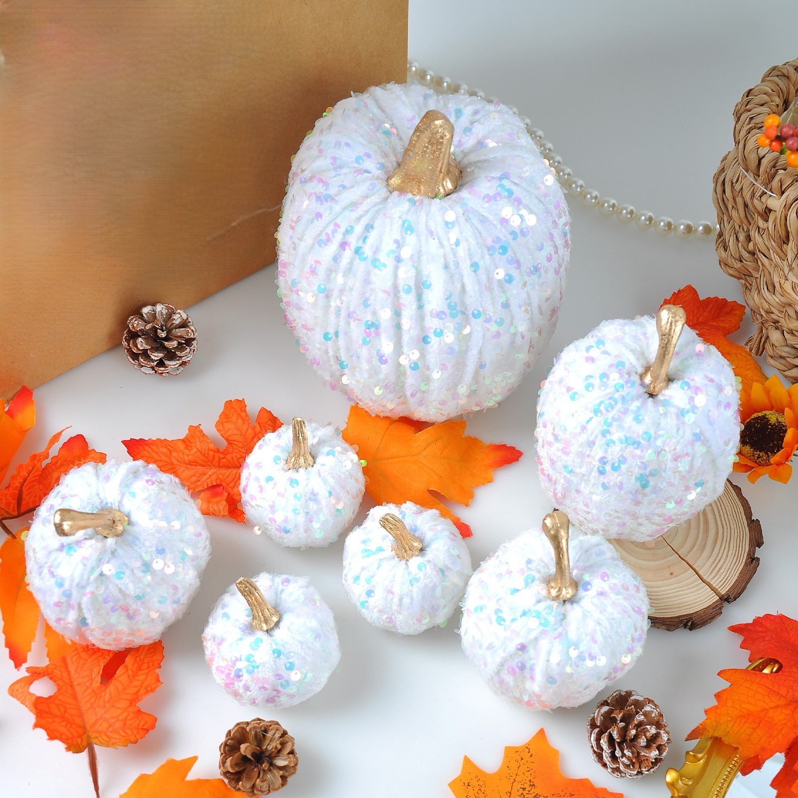 Sequin Pumpkin Decor 7 Piece Set in 4 Sizes for Table Centerpiece Display