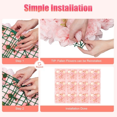 3D Flower Wall Panel-12pcs Artificial Flower Wall Background Silk Rose Mat