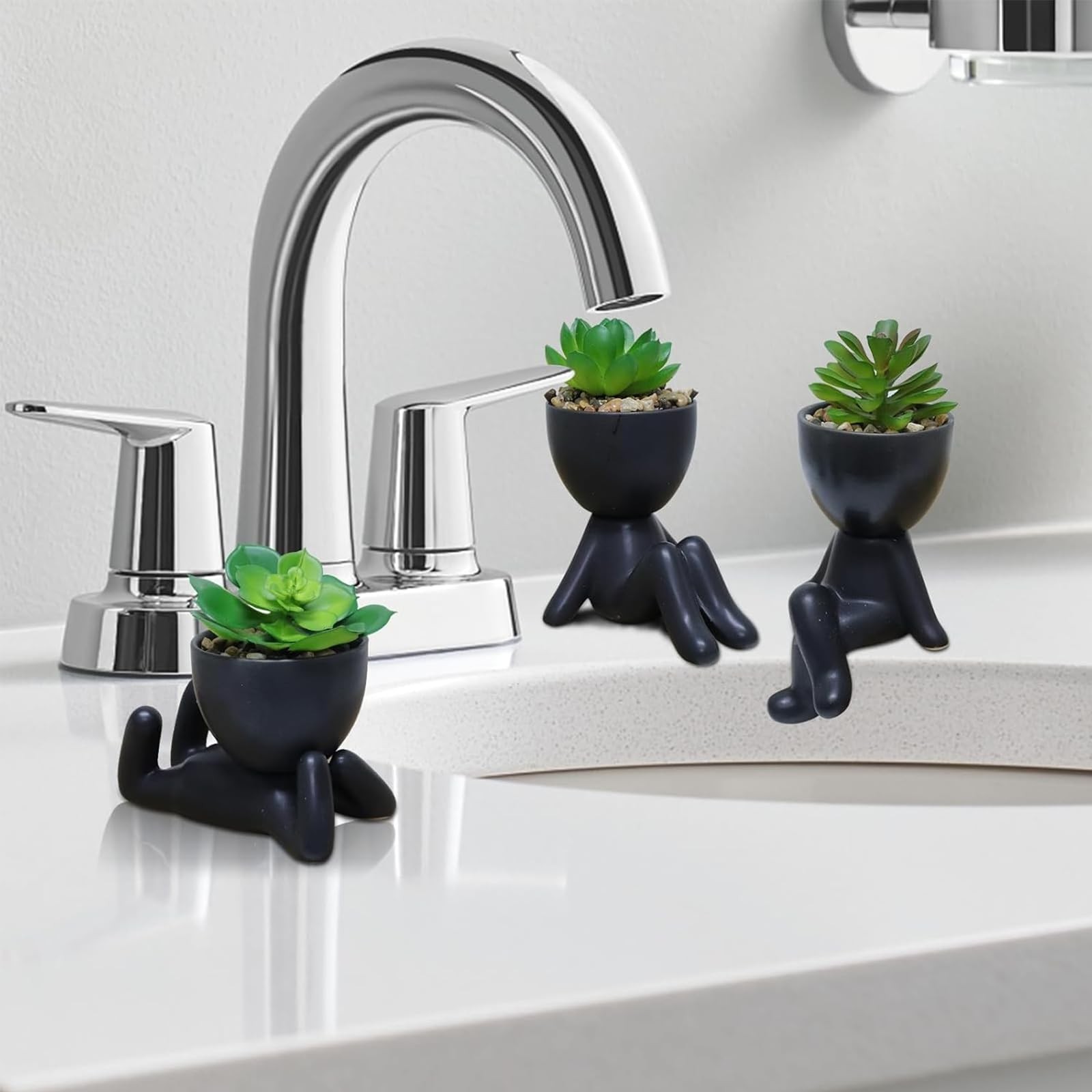 3 PCS Cute Artificial Succulent Plants with Creative Ceramics Human Shaped Po…