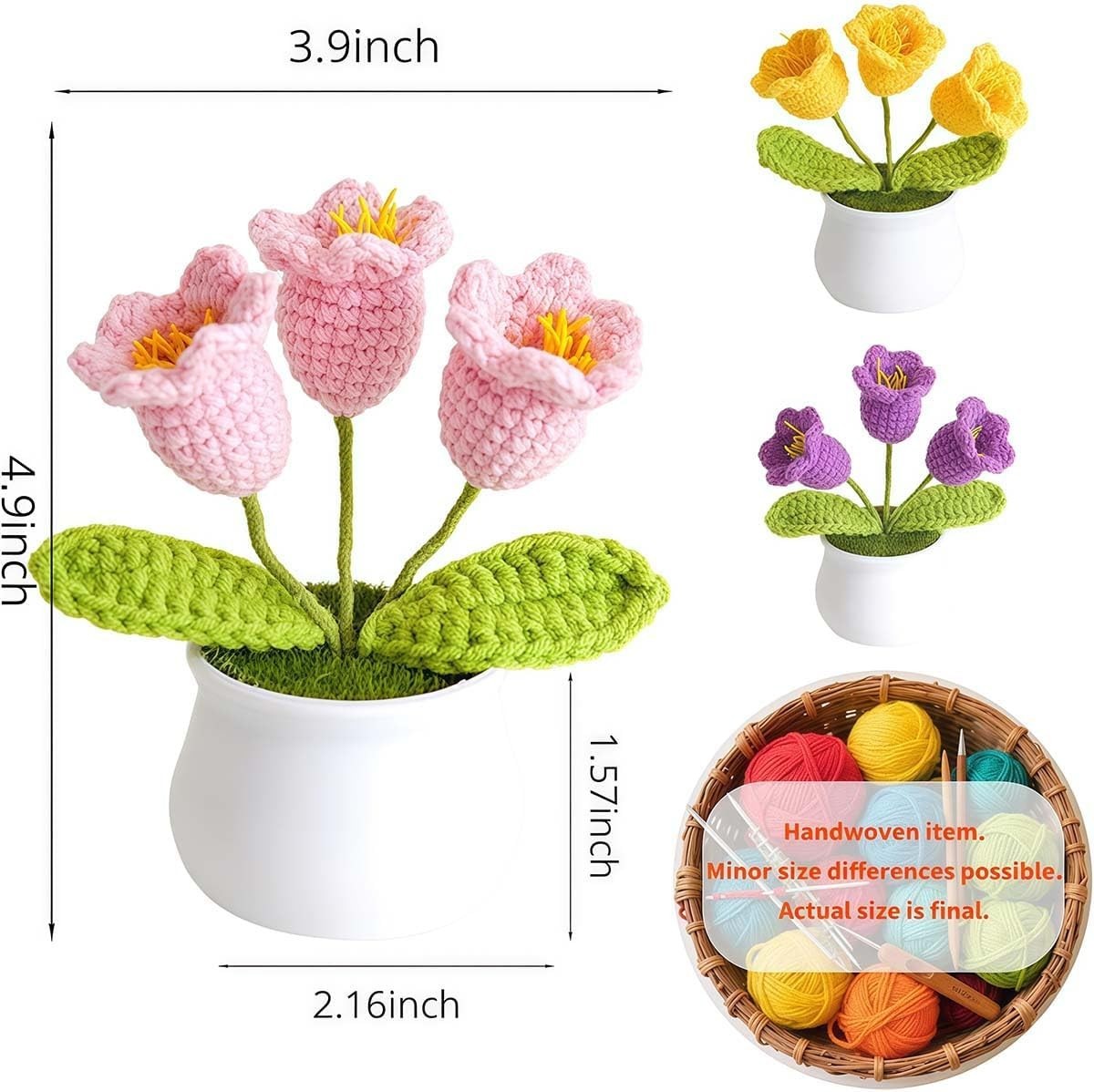 Hand-Crocheted Lily of The Valley Potted Plant, Red Pink Purple Blue Artificial