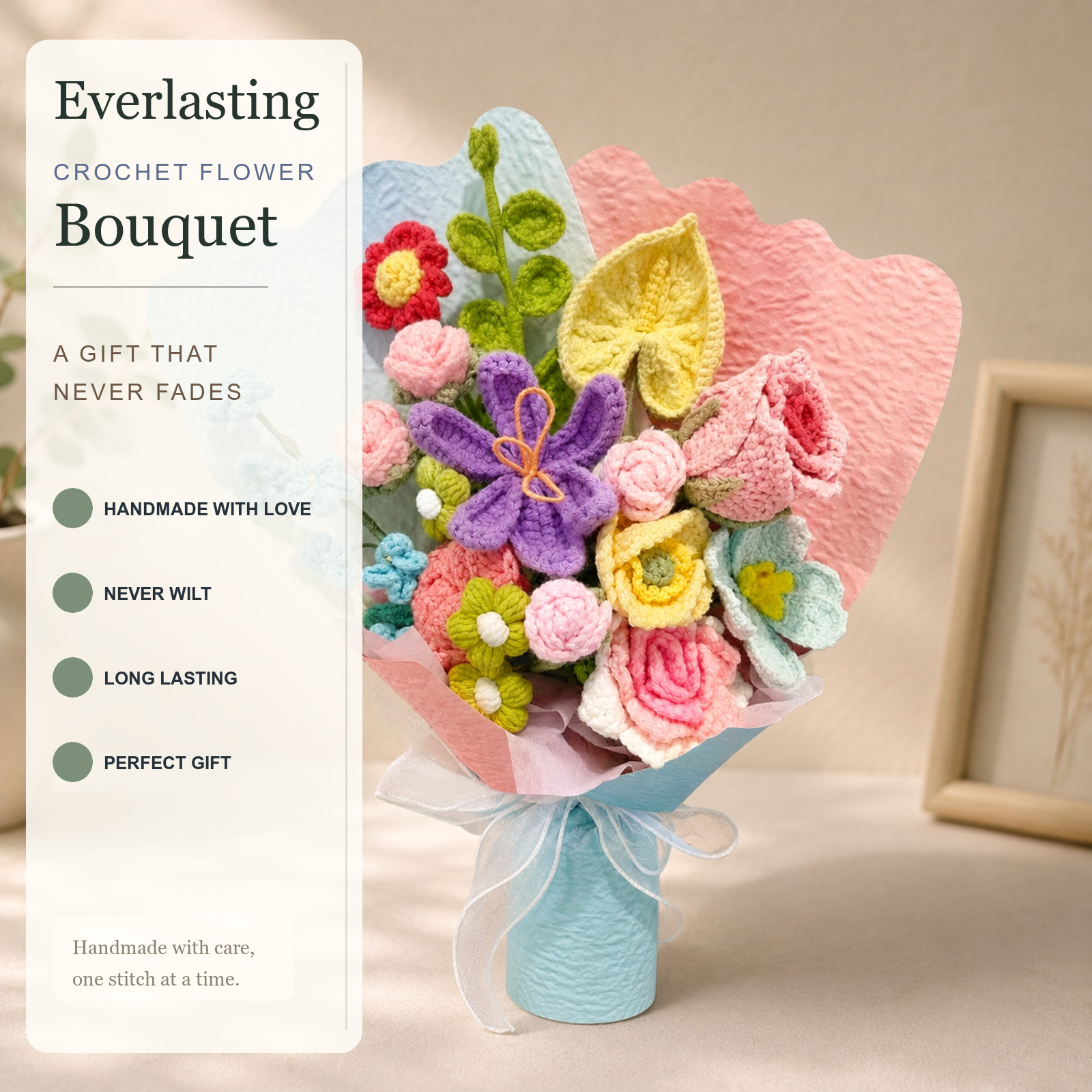 Colorful Crochet Flower Bouquet Birthday Thank You Gift for Her