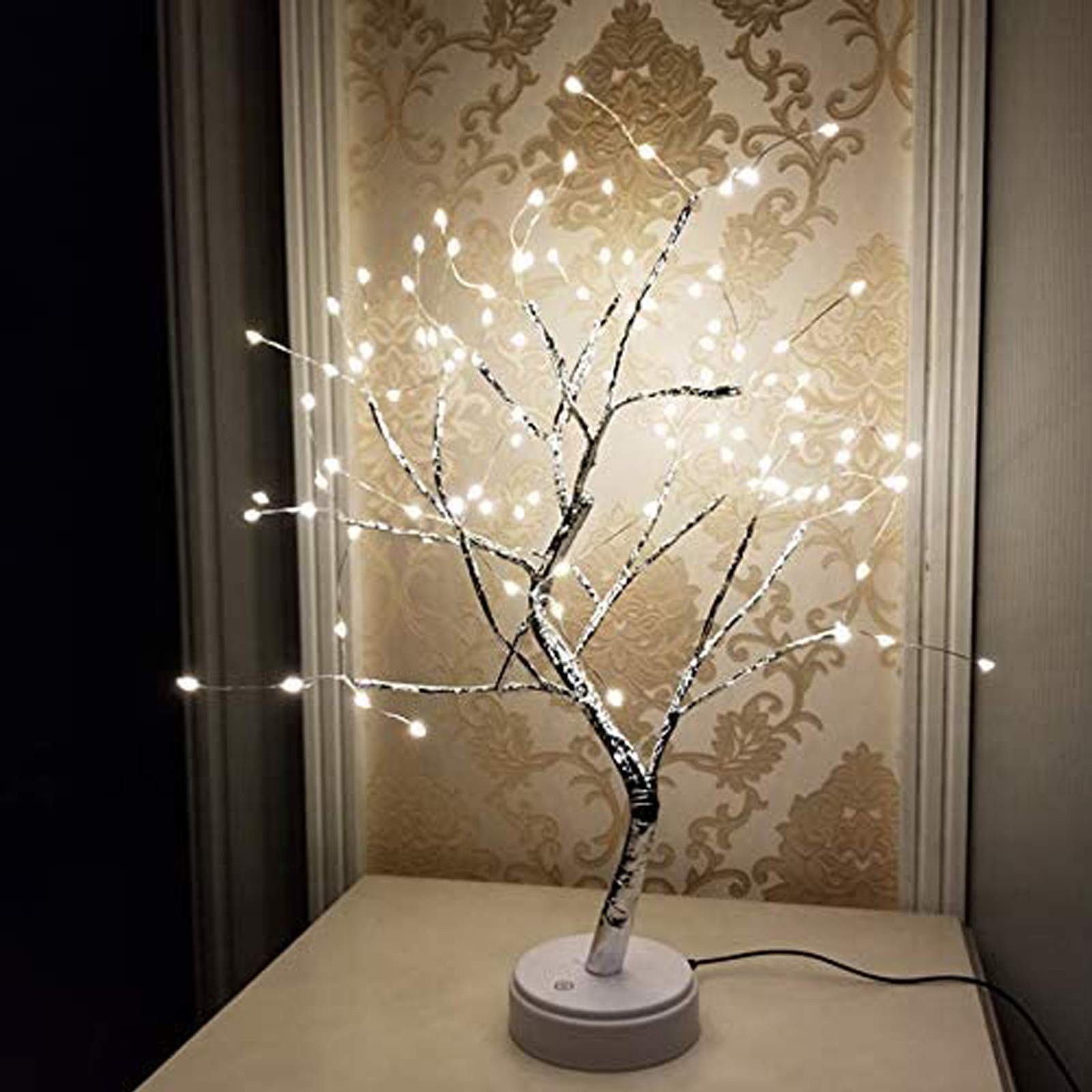 108 LED Silver Copper Wire Branch Lights, Bonsai Table Tree, USB, Battery