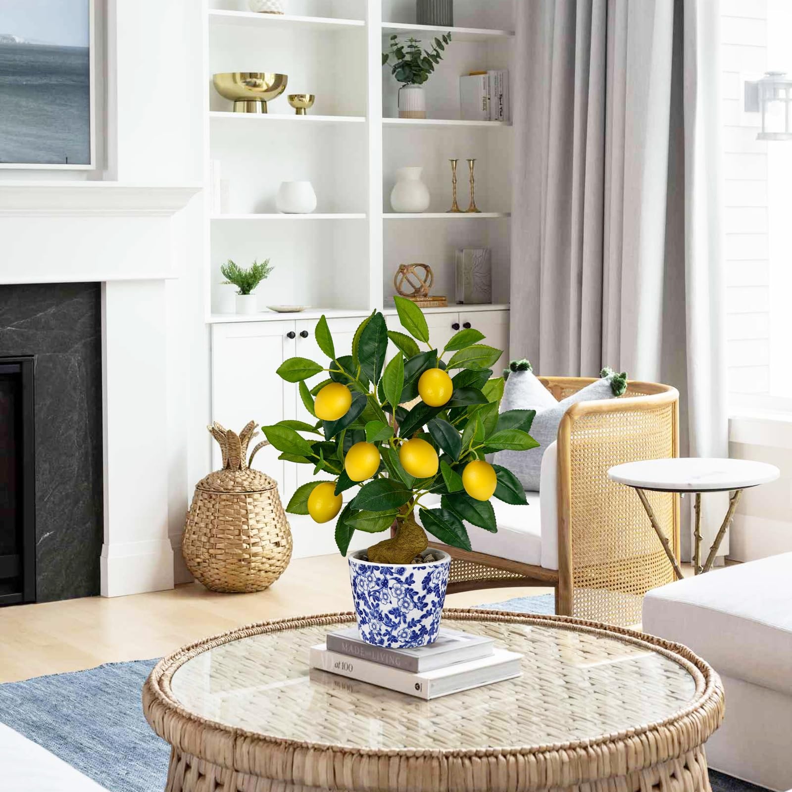 15.7 Inches Artificial Small Fake Lemon Tree Blue White Pot Faux Potted