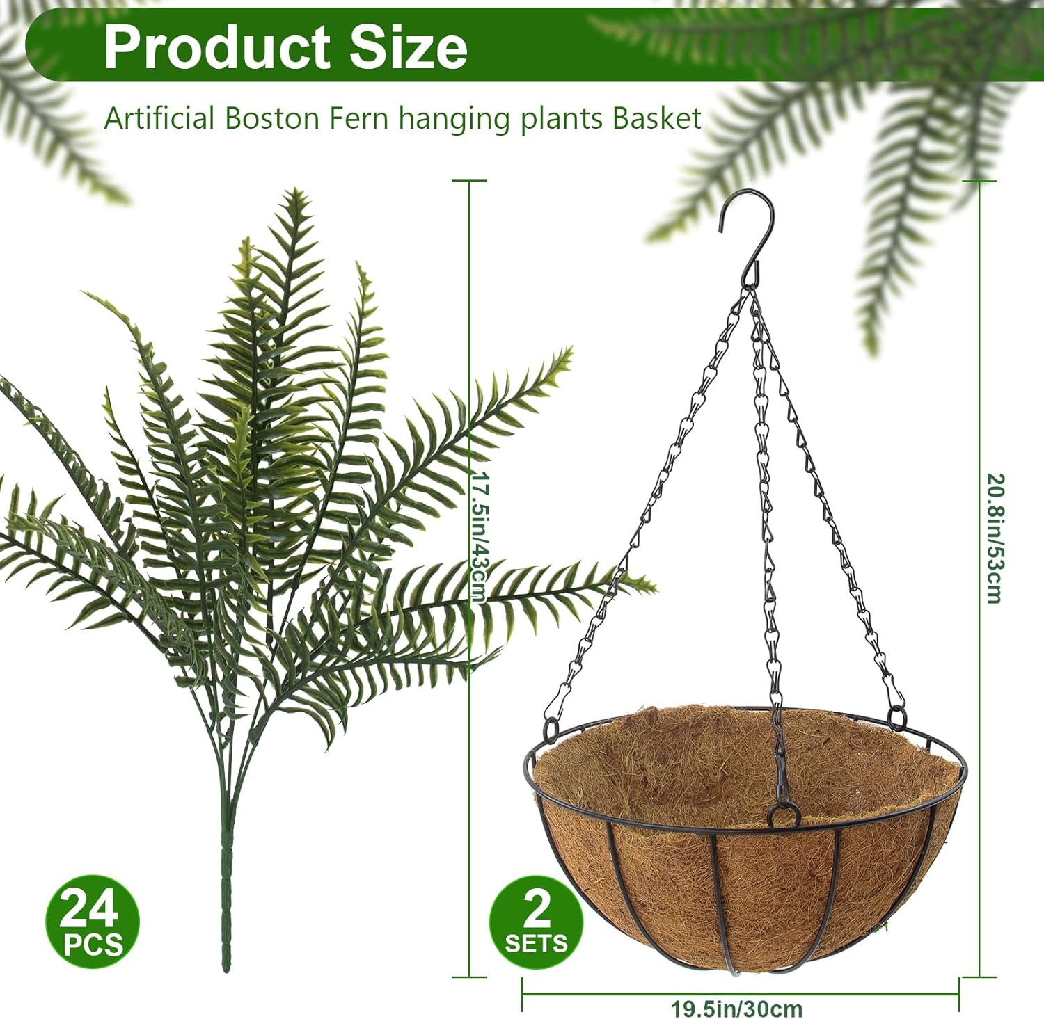 2 Pcs Fake Ferns Hanging Baskets, Artificial Hanging Plants Outdoor, 2 Hanging P