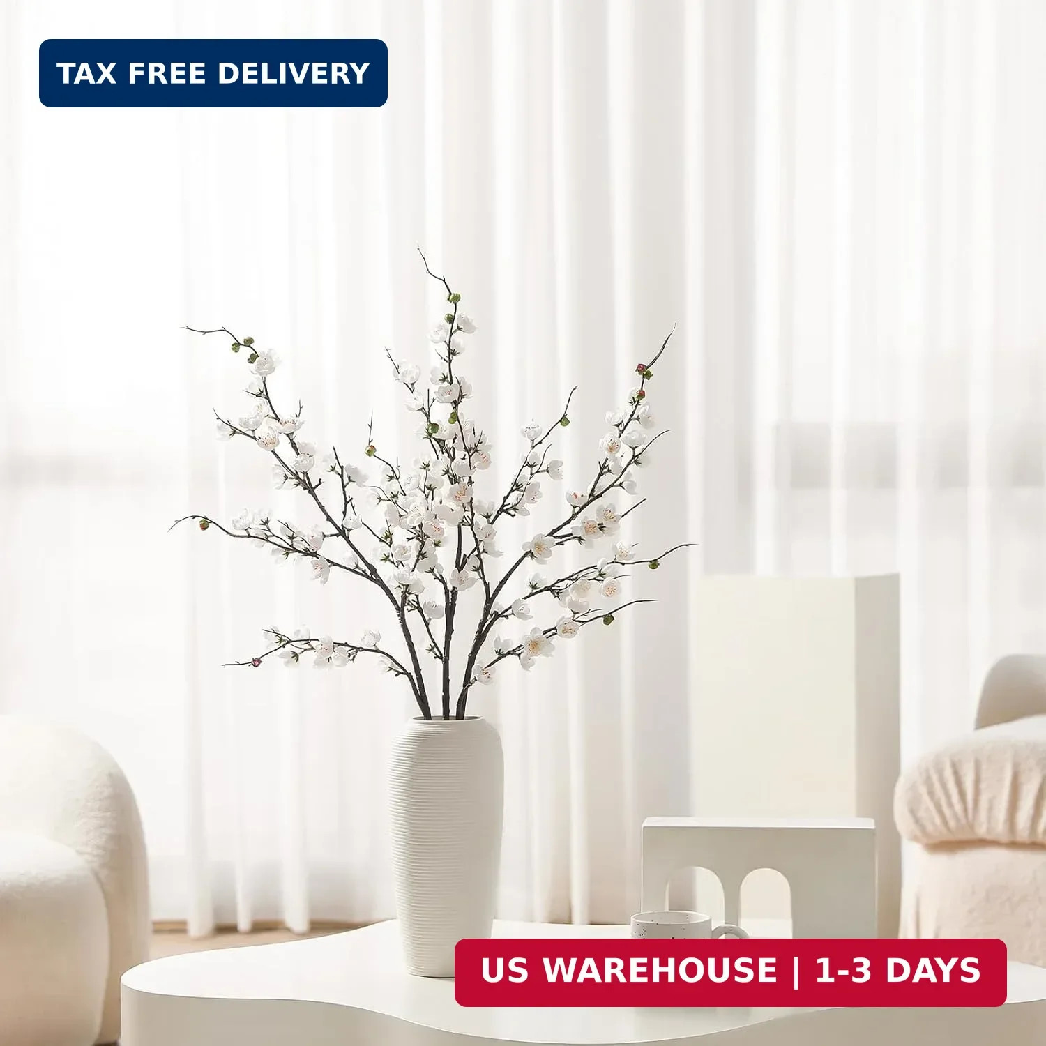 Artificial White Cherry Blossom Branches 3Pcs 37.8″ Faux Silk Cherry Blossom, Fa