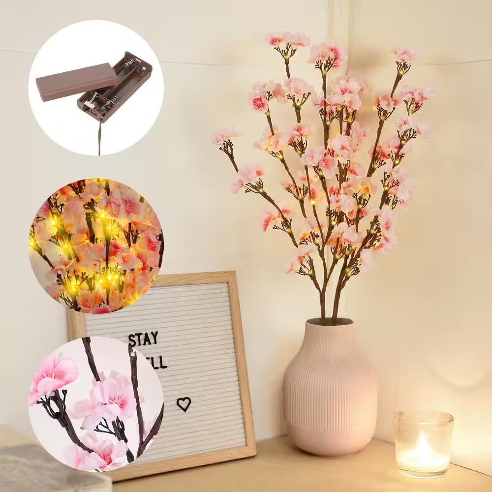30 In. Pink Artificial Plum Blossom Lights Home Decoration 2Pcs Set Individual F