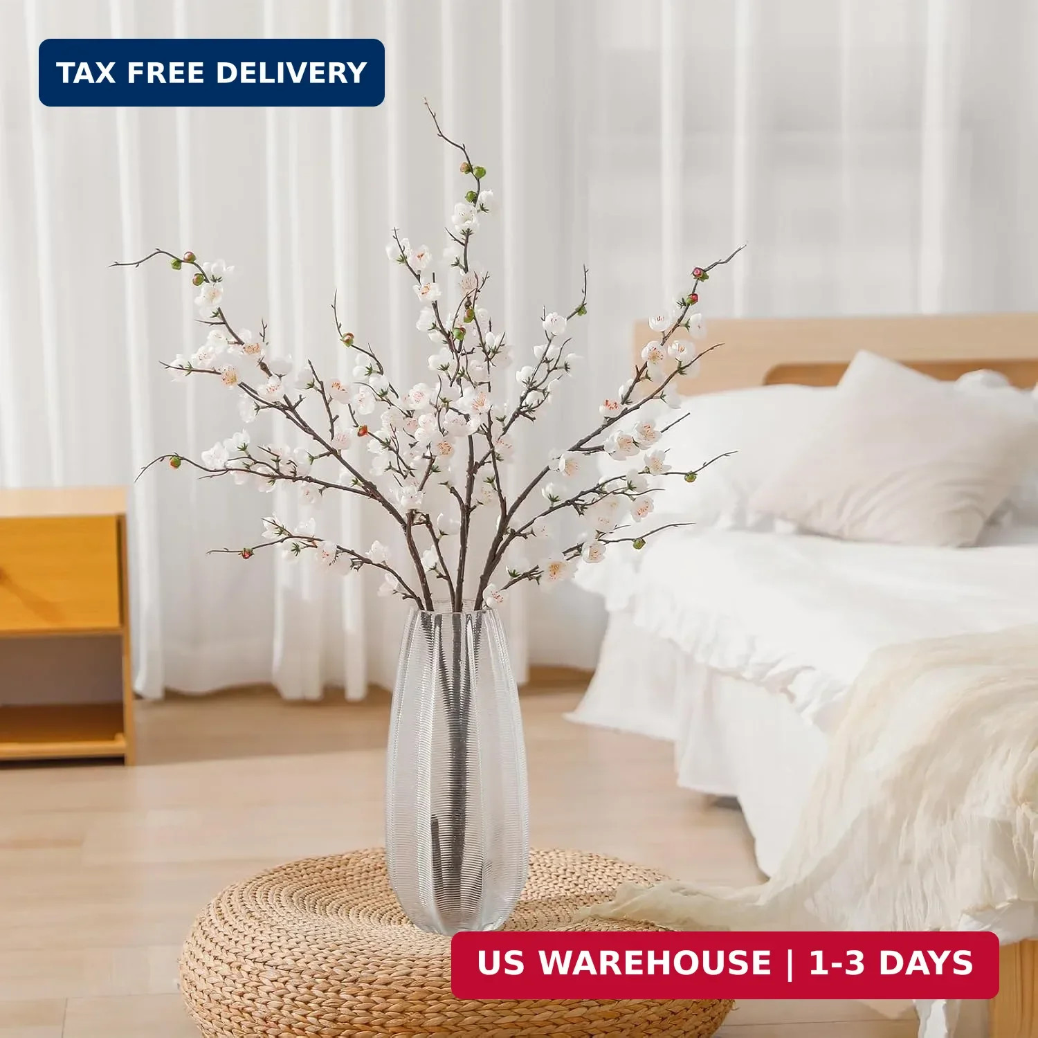 Artificial White Cherry Blossom Branches 3Pcs 37.8″ Faux Silk Cherry Blossom, Fa