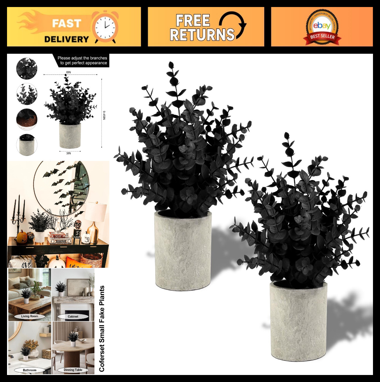 2 Pack Black Fake Eucalyptus Plants – Artificial Potted Decor for Home, Hallowee