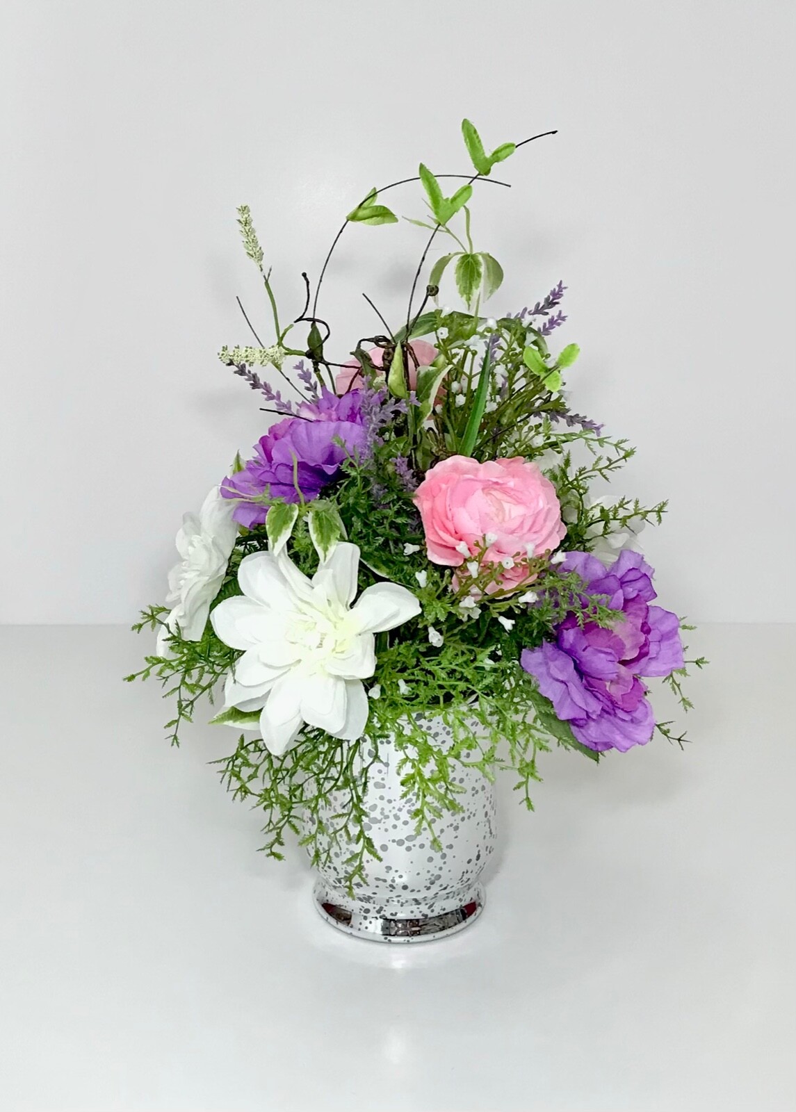 PINK PURPLE WHITE FLOWERS ARRANGEMENT MIRRORED GLASS VASE CENTERPIECE GIFT NEW